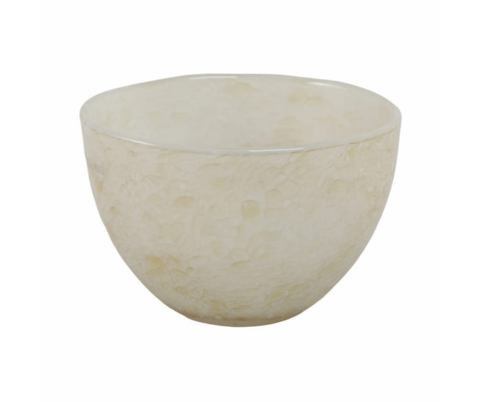 A translucent, off-white, textured glass bowl with an irregular rim serves as a striking Aurora Bowl centerpiece. The mottled pattern across its surface enhances its handmade, artistic appearance, making it perfect for elevating your interior ambiance. The background is plain white.