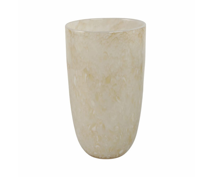 The Aurora Vase, a tall cylindrical vessel in cream with a marbled texture, is displayed against a plain white background.