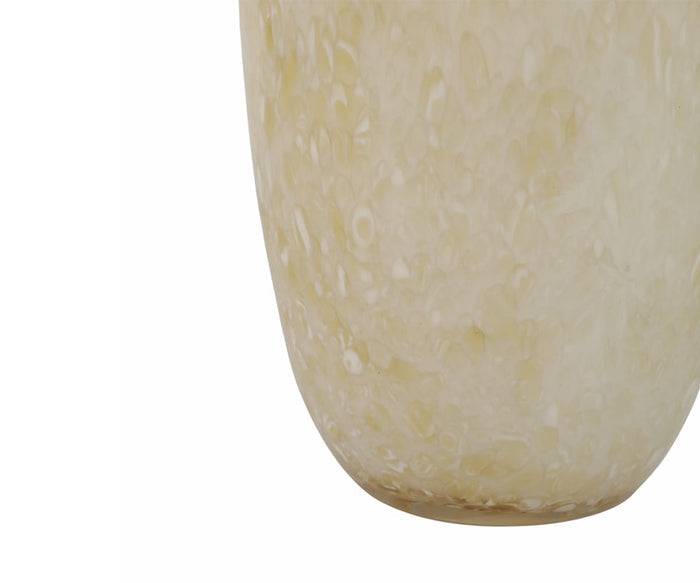 Close-up of the lower half of the Aurora Vase, featuring a light beige or cream hue with a marbled, speckled pattern, this decorative accent is set against a plain white background.