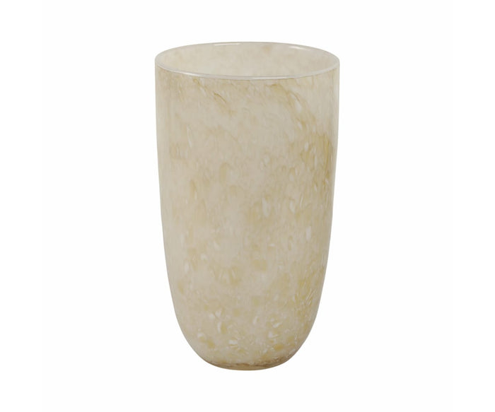 The Aurora Vase, featuring a beige marbled finish and a smooth, slightly tapered form, serves as both a functional vessel and an elegant decorative accent, set against a plain white background.