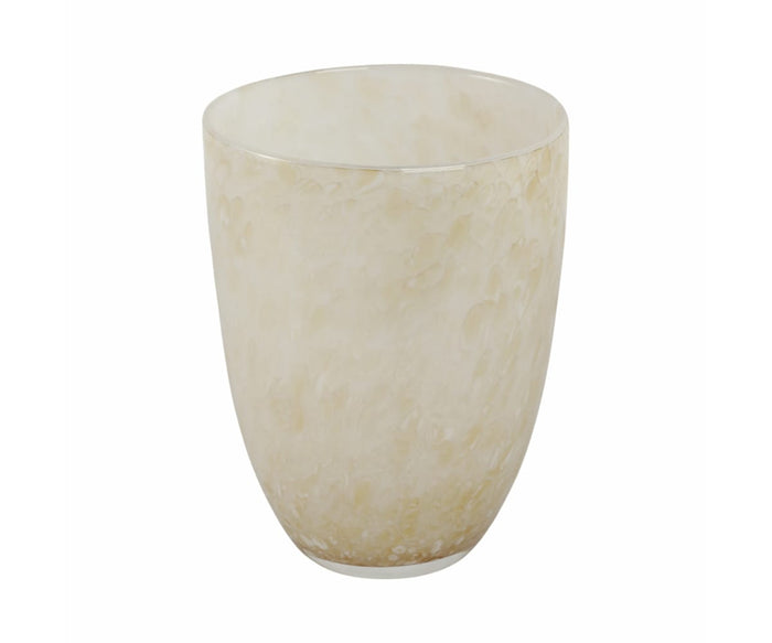 A translucent, cream marbled Aurora Vase with a rounded shape and smooth surface sits against a plain white background, serving as both a functional vessel and an elegant decorative accent.