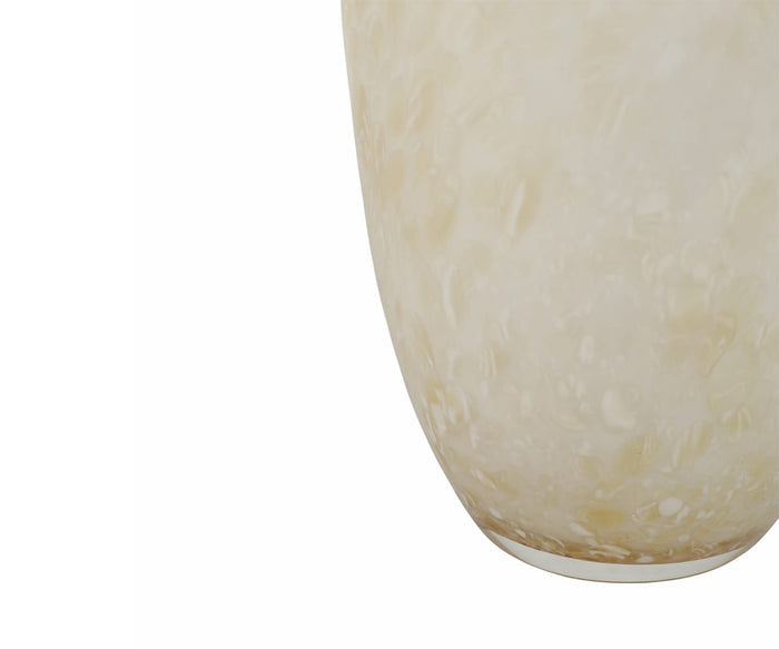 A close-up of the lower half of the Aurora Vase, featuring a beige and cream marbled design with a glossy finish, positioned against a plain white background, highlights this elegant piece as both a functional vessel and a sophisticated decorative accent.