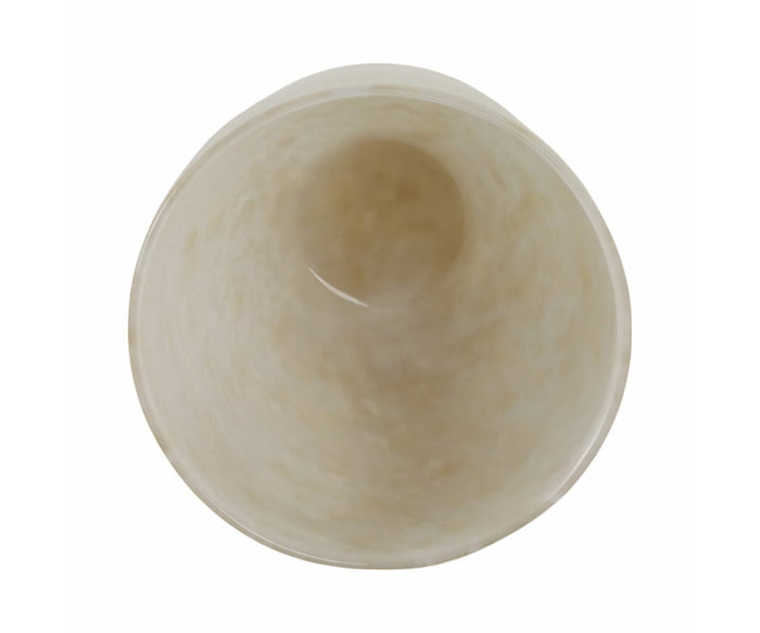 Top view of the Aurora Vase, a smooth, round ivory glass vessel with a subtly marbled texture, set against a plain white background. This elegant piece serves as both a functional container and a sophisticated decorative accent for any space.