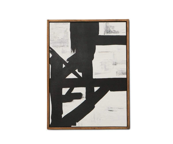 Bold black brushstrokes and geometric patterns intersect across a white canvas in the Balkon Abstract Graphic Wall Art. Featuring a dynamic mix of black and multi colors, this striking piece of abstract wall art comes framed in sleek pine wood, making it a captivating addition to any contemporary space.