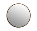 The Baptisia 35″ Round Mirror features a thin walnut frame that exemplifies modern artistry, creating a refined accent against the plain white background.