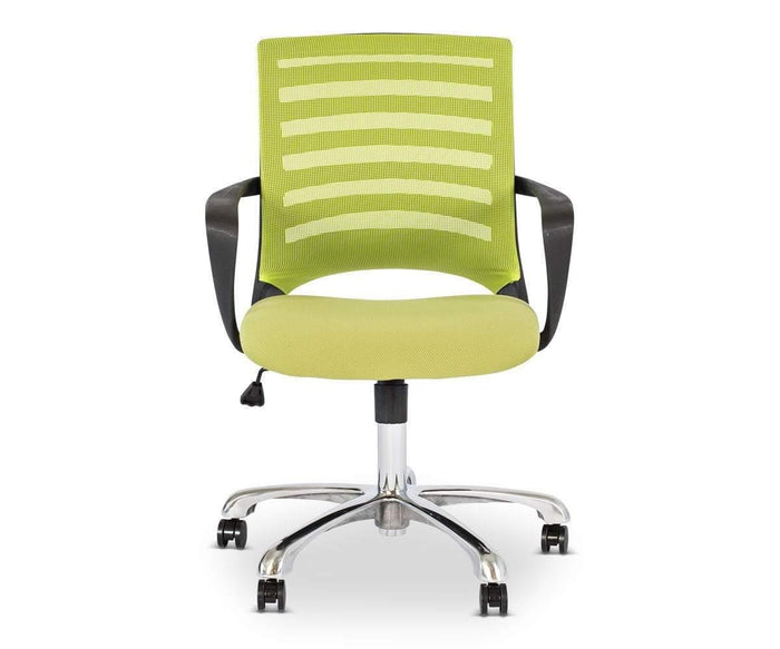 The Barrier Desk Chair is a green ergonomic office chair with black armrests, a mesh backrest featuring horizontal stripes, an adjustable height lever, and a chrome base with five wheels. Displayed against a plain white background, the Barrier Desk Chair offers both comfort and modern design for any workspace.