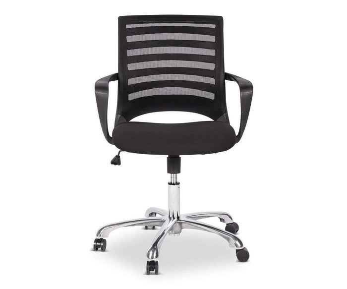 Sure! Here’s a rewritten version of the sentence using your product data: Set against a white background, the Barrier Desk Chair showcases a modern black aesthetic and an ergonomic silhouette. It is equipped with a breathable mesh backrest, cushioned seat for added comfort, supportive armrests, adjustable height lever, and five smooth-rolling caster wheels on a sleek chrome base.