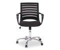 Sure! Here’s a rewritten version of the sentence using your product data: Set against a white background, the Barrier Desk Chair showcases a modern black aesthetic and an ergonomic silhouette. It is equipped with a breathable mesh backrest, cushioned seat for added comfort, supportive armrests, adjustable height lever, and five smooth-rolling caster wheels on a sleek chrome base.