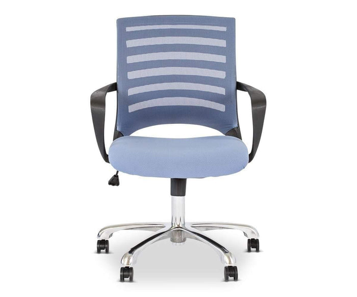 Barrier Desk Chair in blue, featuring a mesh backrest, black armrests, and a five-wheel chrome base, shown from the front view.