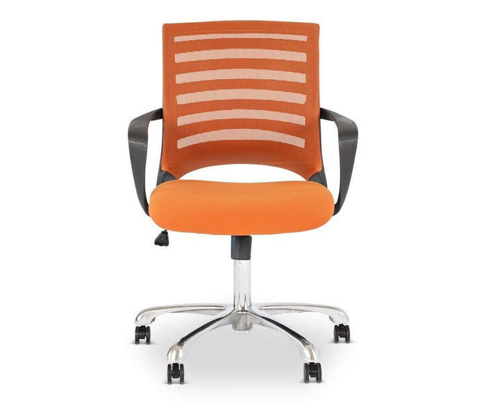 The Barrier Desk Chair, shown from the front against a white background, features a vibrant orange design with a mesh backrest, supportive armrests, cushioned seat, and a sturdy five-wheel metal base—blending comfort and style for any modern workspace.