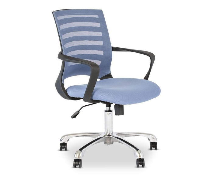 The Barrier Desk Chair features a blue breathable mesh backrest with ergonomic support, black armrests, a cushioned seat, an adjustable height lever, and a chrome base on five wheels. With its modern design and comfortable build, the Barrier Desk Chair is ideal for any contemporary workspace.