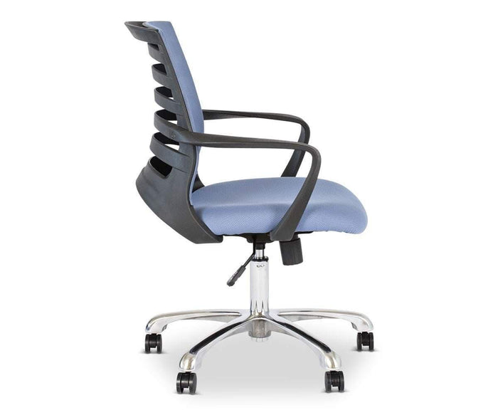The Barrier Desk Chair is a contemporary ergonomic office chair, shown from the side, featuring a blue cushioned seat, black armrests, a black ventilated mesh backrest, and a chrome base with five wheels.