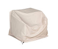 A beige Beck Outdoor Armless Chair Cover is draped over a large outdoor chair and features a drawstring at the bottom for securing. Designed to be all-season and water-resistant, it offers reliable protection year-round.