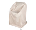 A beige protective cover is designed to fit over a single Beck Teak Outdoor Barstool, featuring a drawstring closure at the bottom for secure placement—making it the perfect solution for safeguarding your valued barstool or bringing understated Scandinavian flair to your outdoor space.