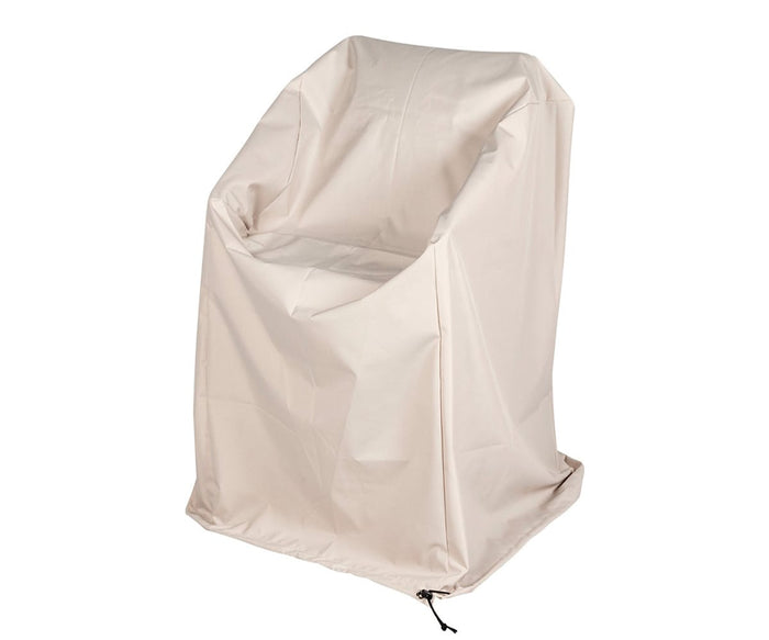 A beige protective cover is designed to fit over a single Beck Teak Outdoor Barstool, featuring a drawstring closure at the bottom for secure placement—making it the perfect solution for safeguarding your valued barstool or bringing understated Scandinavian flair to your outdoor space.