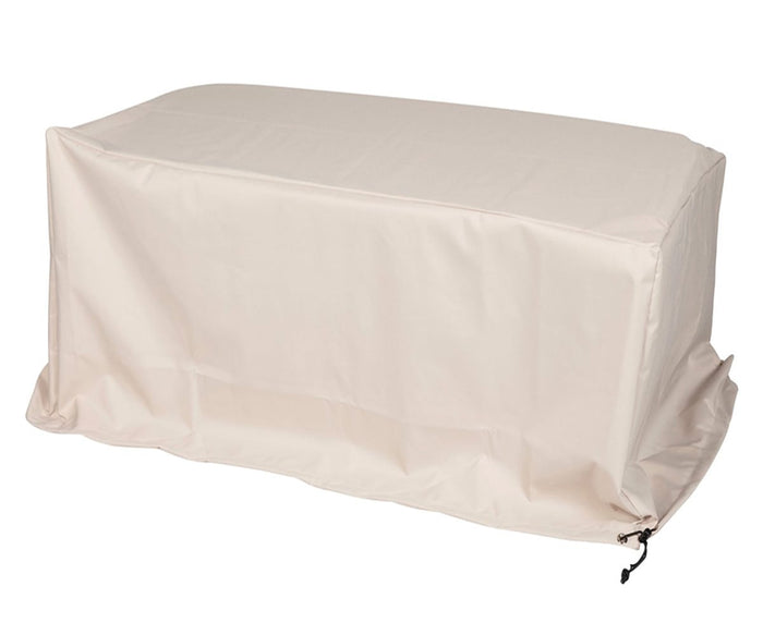 A beige rectangular cover, tailored for the Beck Teak Outdoor Bar Table, drapes neatly over the table with clean Scandinavian-inspired lines and features a drawstring at the bottom right corner to ensure a secure fit for your outdoor setup.