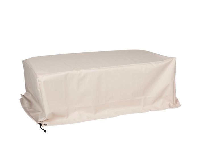 The Beck Outdoor Coffee Table Cover in beige, shown here draped over a table, features a drawstring closure at one corner for a secure fit. Designed to be water-resistant, this all-season cover provides dependable protection throughout the year.