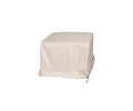 A beige, Scandinavian-inspired rectangular furniture cover is draped over the Beck Teak Outdoor End Table, featuring a smooth, protective surface and a drawstring adjustment at the bottom right corner.