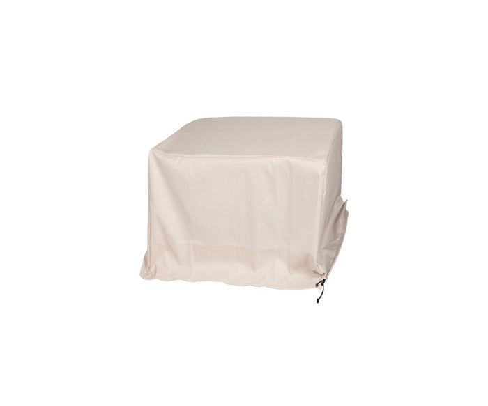 A beige, Scandinavian-inspired rectangular furniture cover is draped over the Beck Teak Outdoor End Table, featuring a smooth, protective surface and a drawstring adjustment at the bottom right corner.