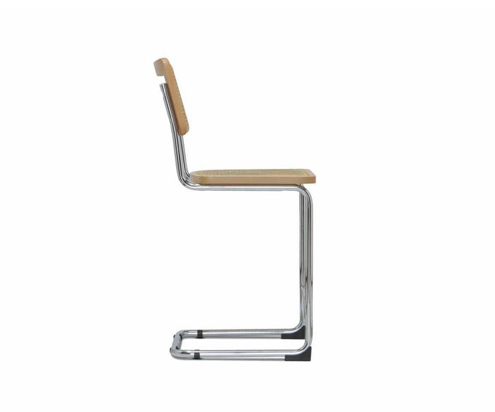 Side view of the Bendt Counter Stool, featuring a light-colored wooden seat and backrest with mid-century inspiration, and a shiny chrome frame that curves seamlessly to form the legs and base.