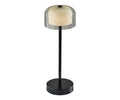 Introducing the Benji Cordless LED Table Lamp in black—a modern table lamp featuring a sleek black base and stem, paired with a dome-shaped translucent lampshade that reveals a light-colored bulb inside. This contemporary design offers adjustable brightness, allowing you to effortlessly create the perfect ambiance for any space.