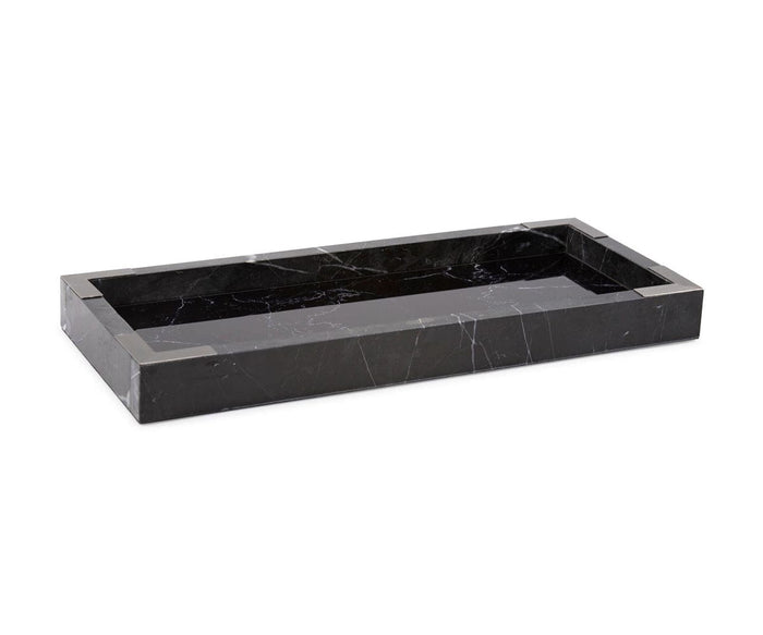 The Black Mirrored Marble Tray features a rectangular silhouette with raised edges, striking white veining, and is crafted from rich black marble. Presented on a white background, its elegance is underscored by luxurious brushed titanium accents.