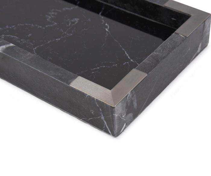 Close-up of the Black Mirrored Marble Tray, featuring polished surfaces and silver metal corner accents that contrast beautifully with its sleek, brushed titanium appearance.