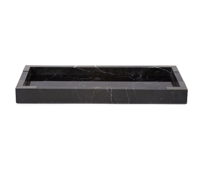 The Black Mirrored Marble Tray is a rectangular piece crafted from black marble, showcasing delicate white veining across its flat base and raised edges. Presented empty against a white background, it elegantly highlights its refined and sophisticated design.