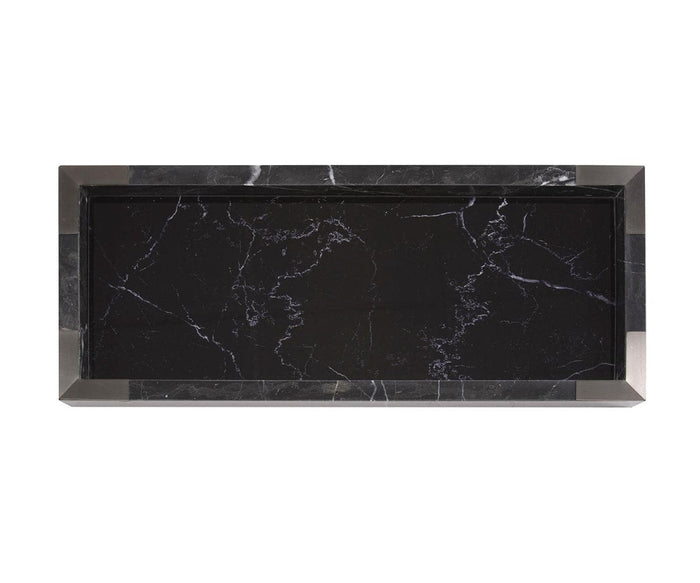 The Black Mirrored Marble Tray features a rectangular silhouette with a glossy surface and subtle white veining, enclosed by a raised border. Refined brushed titanium accents enhance its modern appeal, making it a striking statement piece for any space.