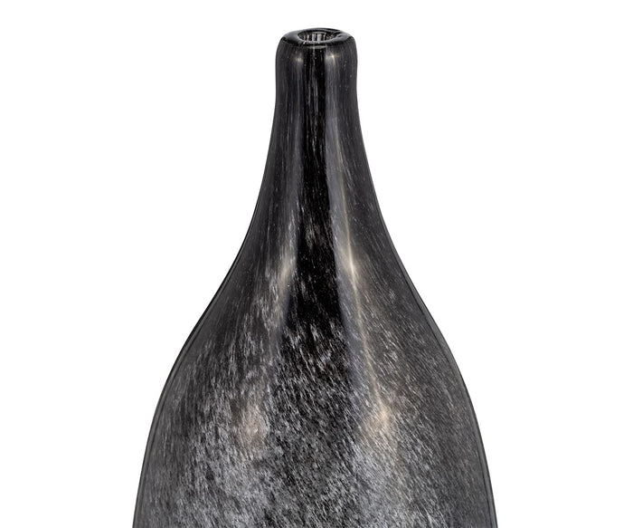 A close-up view of the narrow neck and shoulder of the Blue Nebula Vase, a hand-finished glass piece featuring black and gray marbled patterns, set against a white background.