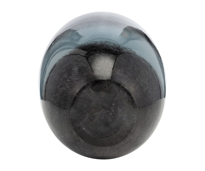 A dark, round Blue Nebula Vase viewed from above, featuring a glossy, reflective surface and a slightly uneven texture reminiscent of hand-finished glass.