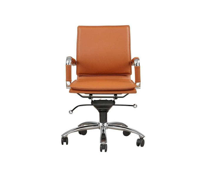 The Brock Low Back Office Chair, shown in cognac brown with chrome armrests and a five-wheel chrome base, features an adjustable height design and is displayed against a plain white background.