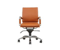 The Brock Low Back Office Chair, shown in cognac brown with chrome armrests and a five-wheel chrome base, features an adjustable height design and is displayed against a plain white background.