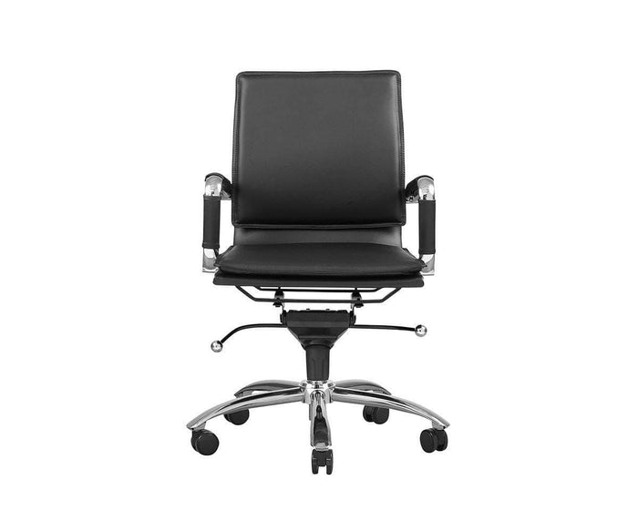 The Brock Low Back Office Chair in black features armrests, a cushioned seat and back, and a chrome five-wheel base, pictured against a plain white background.
