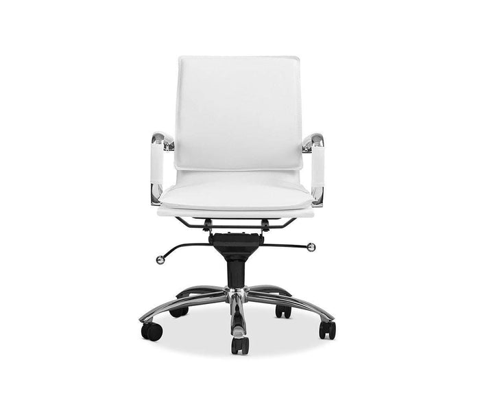 The Brock Low Back Office Chair in white, featuring chrome armrests and a wheeled base, is positioned against a plain white background.