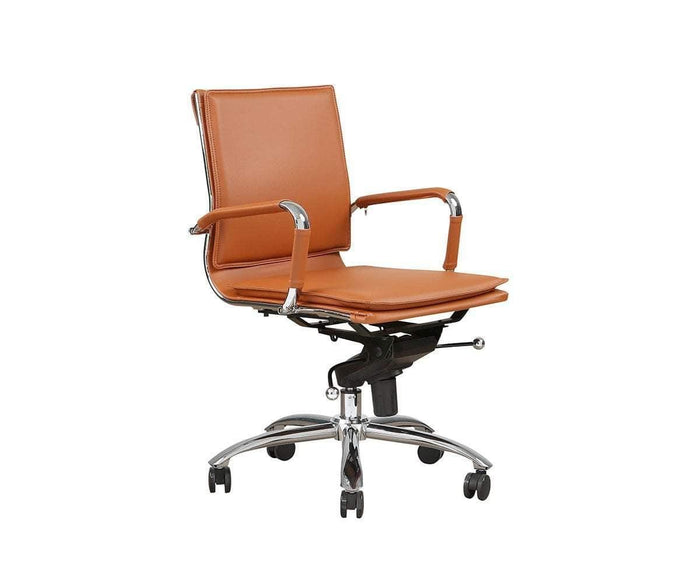 Brock Low Back Office Chair in brown leather with adjustable height, metal armrests, an ergonomic low back design, and a five-wheel chrome base, shown isolated on a white background.