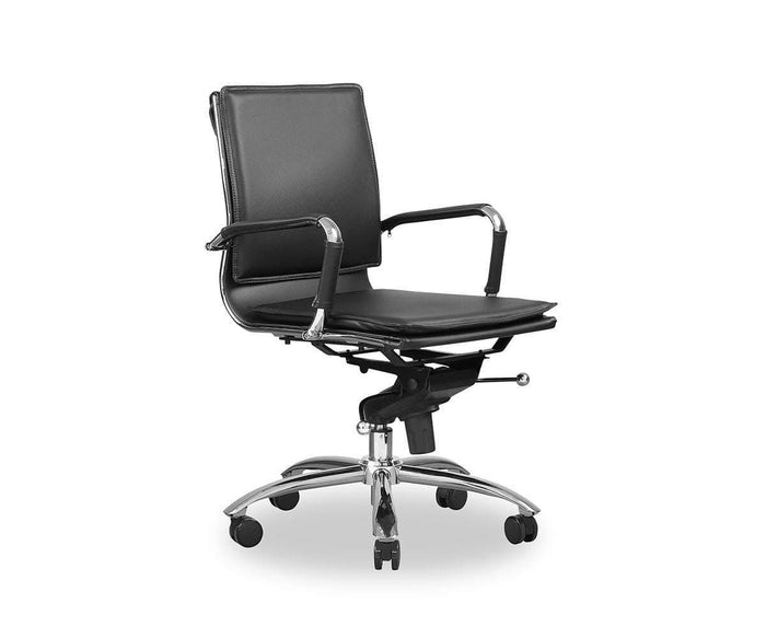 A black Brock Low Back Office Chair with chrome armrests, an adjustable height lever, and a five-wheel chrome base is positioned against a plain white background.