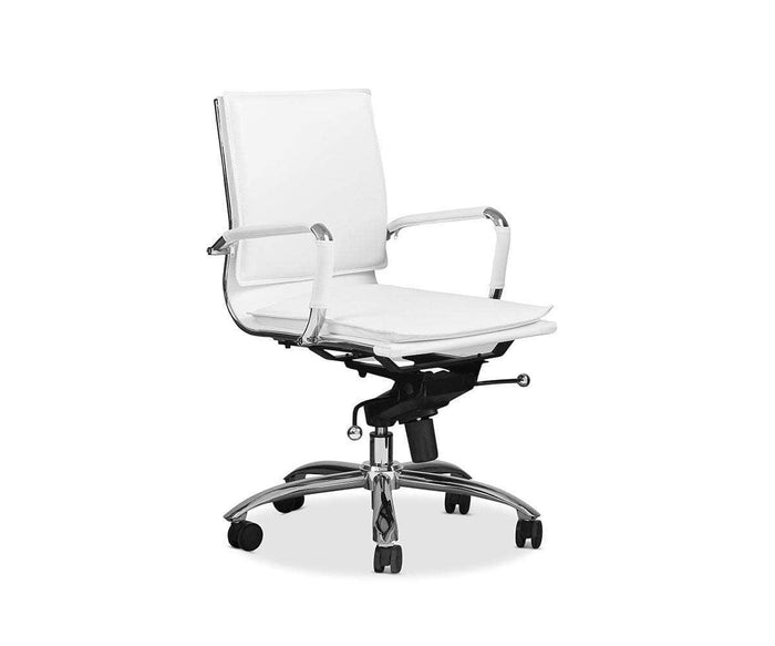The Brock Low Back Office Chair is a modern white office chair with adjustable height, armrests, a chrome frame, and five caster wheels, shown on a plain white background.