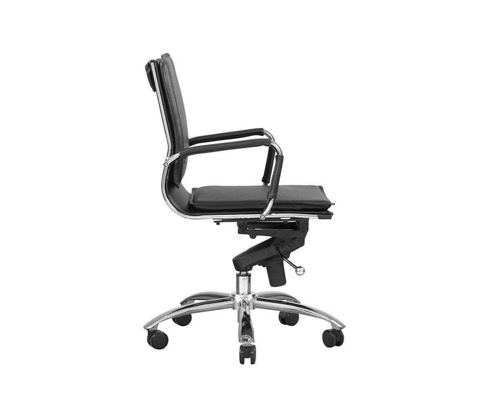 Side view of the Brock Low Back Office Chair, featuring a modern black design with armrests, chrome legs, five wheels, and adjustable height, set against a plain white background.