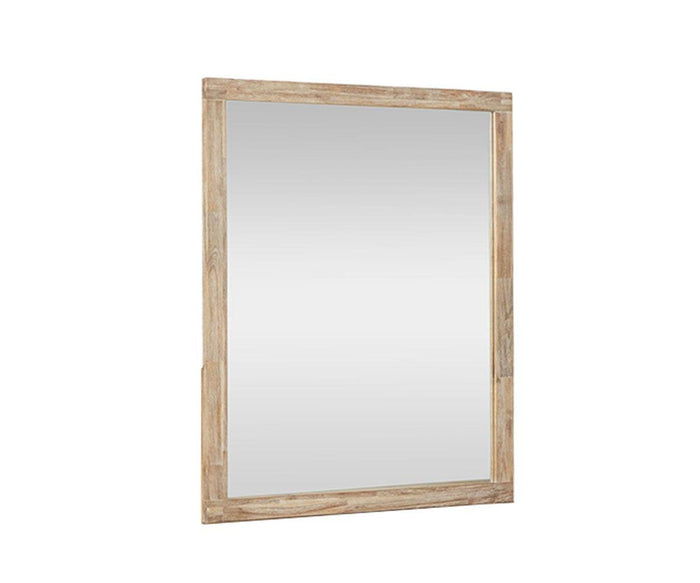 The Camen Dresser Mirror features a rectangular design with a light solid acacia wood frame. Positioned upright against a white background, this mirror from the Camen Collection is perfect for adding style to any dresser.
