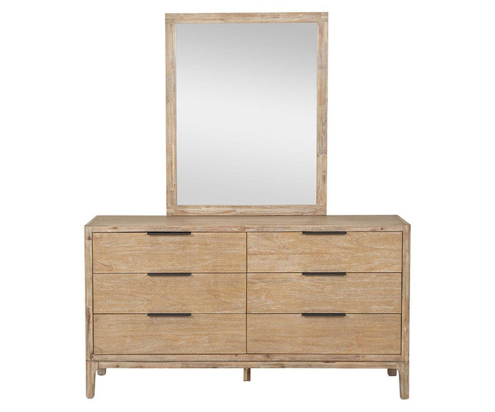 A solid acacia wood dresser with six drawers and dark handles stands beneath the Camen Dresser Mirror, which features a large rectangular design framed in matching wood from the same collection.