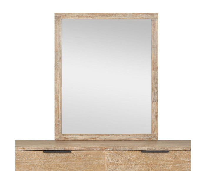 A Camen Dresser Mirror with a rectangular wooden frame sits atop a light solid acacia wood dresser featuring two drawers with dark handles.
