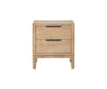 The Camen Nightstand, crafted from solid natural acacia, features two drawers with black horizontal handles. Standing on four legs and set against a plain white background, its light wood finish brings a touch of elegance to any space.