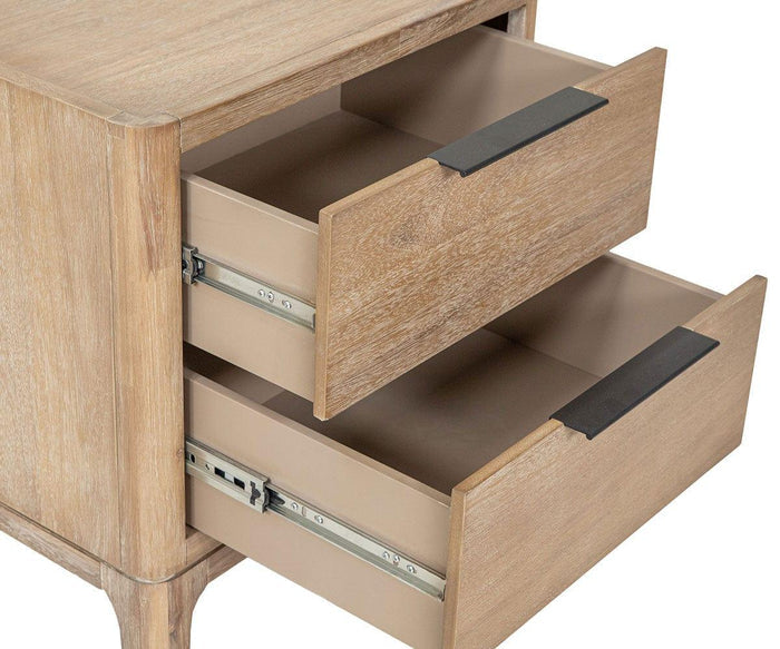A Camen Nightstand in light wood finish, featuring two drawers—both open to reveal metal drawer slides and black rectangular handles.
