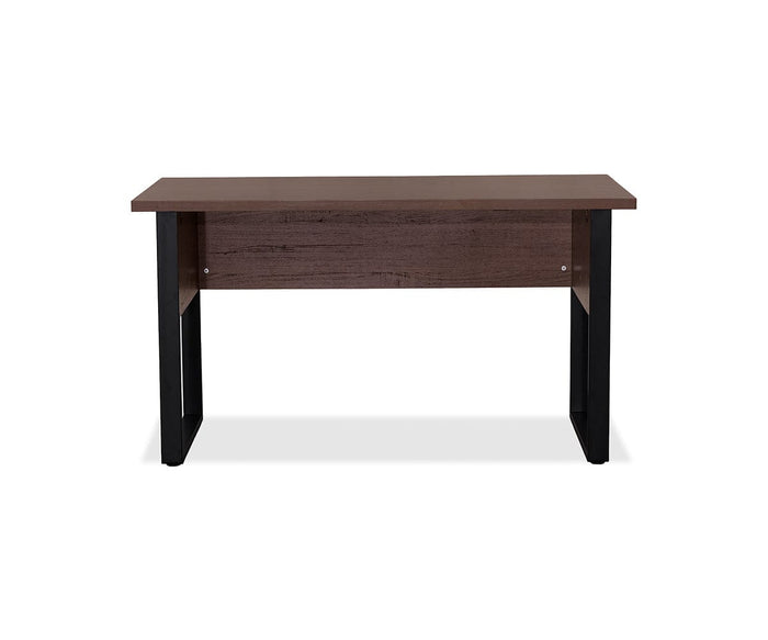 A simple rectangular Cary Desk in walnut, featuring a melamine top and panel with black metal legs, shown against a white background.