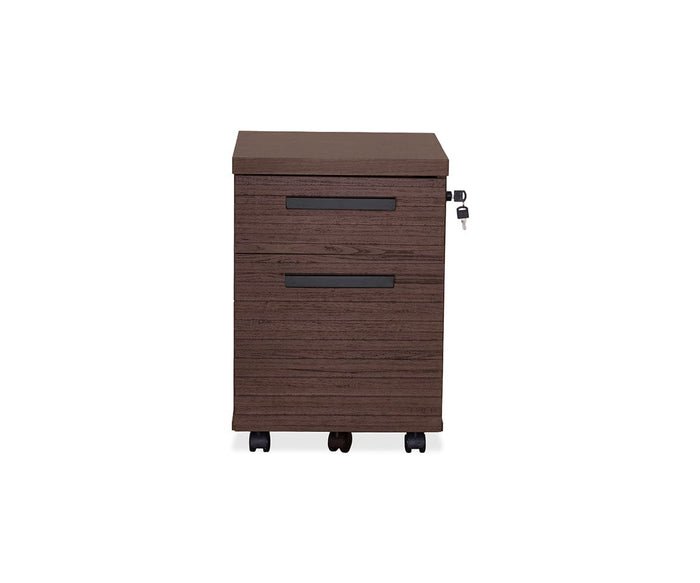 The Cary Mobile Pedestal, shown against a plain white background, is a walnut-colored filing cabinet with a rich finish. It features two drawers with black handles, a lock and key for security, and four wheels for easy mobility—offering practical office storage.
