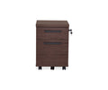 The Cary Mobile Pedestal, shown against a plain white background, is a walnut-colored filing cabinet with a rich finish. It features two drawers with black handles, a lock and key for security, and four wheels for easy mobility—offering practical office storage.