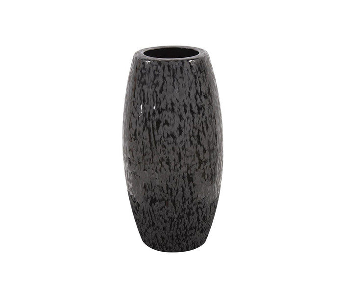 The Chisled Black Small Vase is a tall, oval-shaped iron vase featuring a glossy black finish and a speckled texture, displayed against a white background.