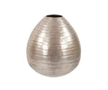 The Chisled Champagne Small Vase features a metallic, egg-shaped design in silver with a narrow opening at the top and horizontal ridges encircling its body, set against a white background. This European-style vase infuses any space with contemporary elegance.