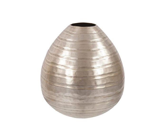 The Chisled Champagne Small Vase features a metallic, egg-shaped design in silver with a narrow opening at the top and horizontal ridges encircling its body, set against a white background. This European-style vase infuses any space with contemporary elegance.